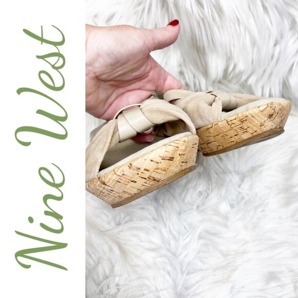 NINE WEST GELPIR SUEDE OPEN TOE CORK WEDGE SANDAL BEIGE NEUTRAL, SIZE 7 - Picture 4 of 9